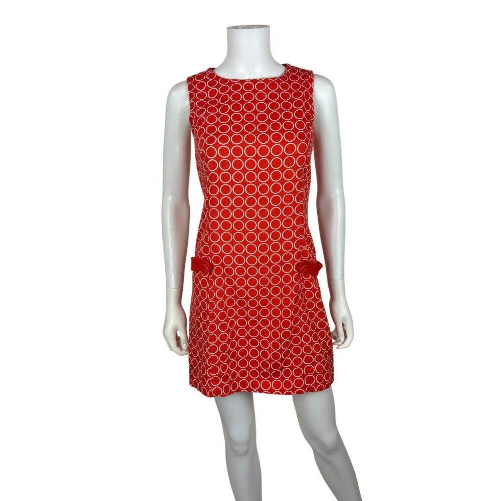 Retro Mod Dress Womens XS Red White Circle Geometric Print 60s Style Shift - Picture 2 of 10